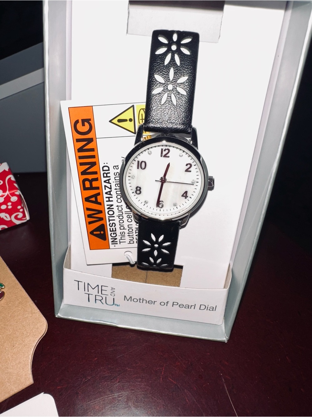 Time and Tru Black Floral Leather Strap Watch with White Mother-of-Pearl Dial